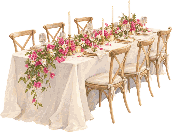 Acuarela de una mesa de banquete con velas y buganvillas