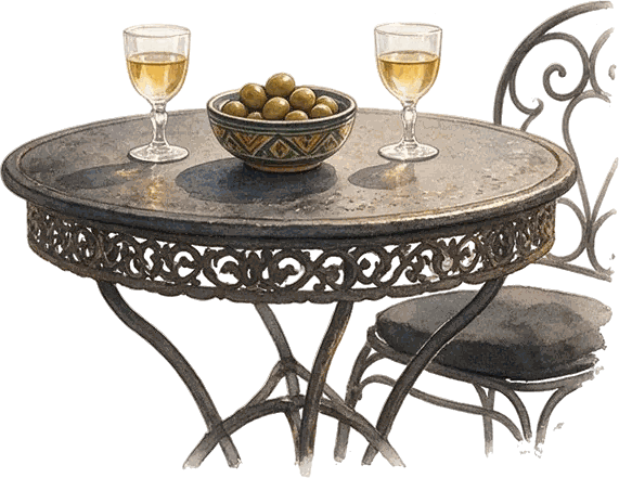 Acuarela de una mesa de forja con dos copas de fino y aceitunas