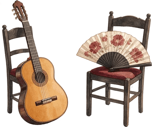 Acuarela de una guitarra española y un abanico sobre dos sillas